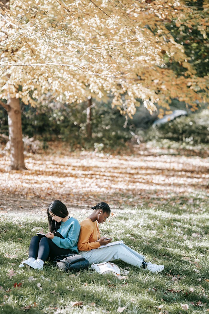 Side view of diverse young students learning while surfing internet in gadgets on green grass in sunny park